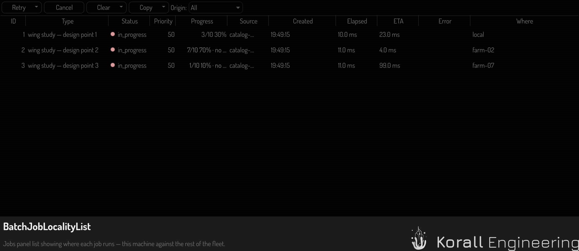The job list with the Where column, showing local and remote work side by side