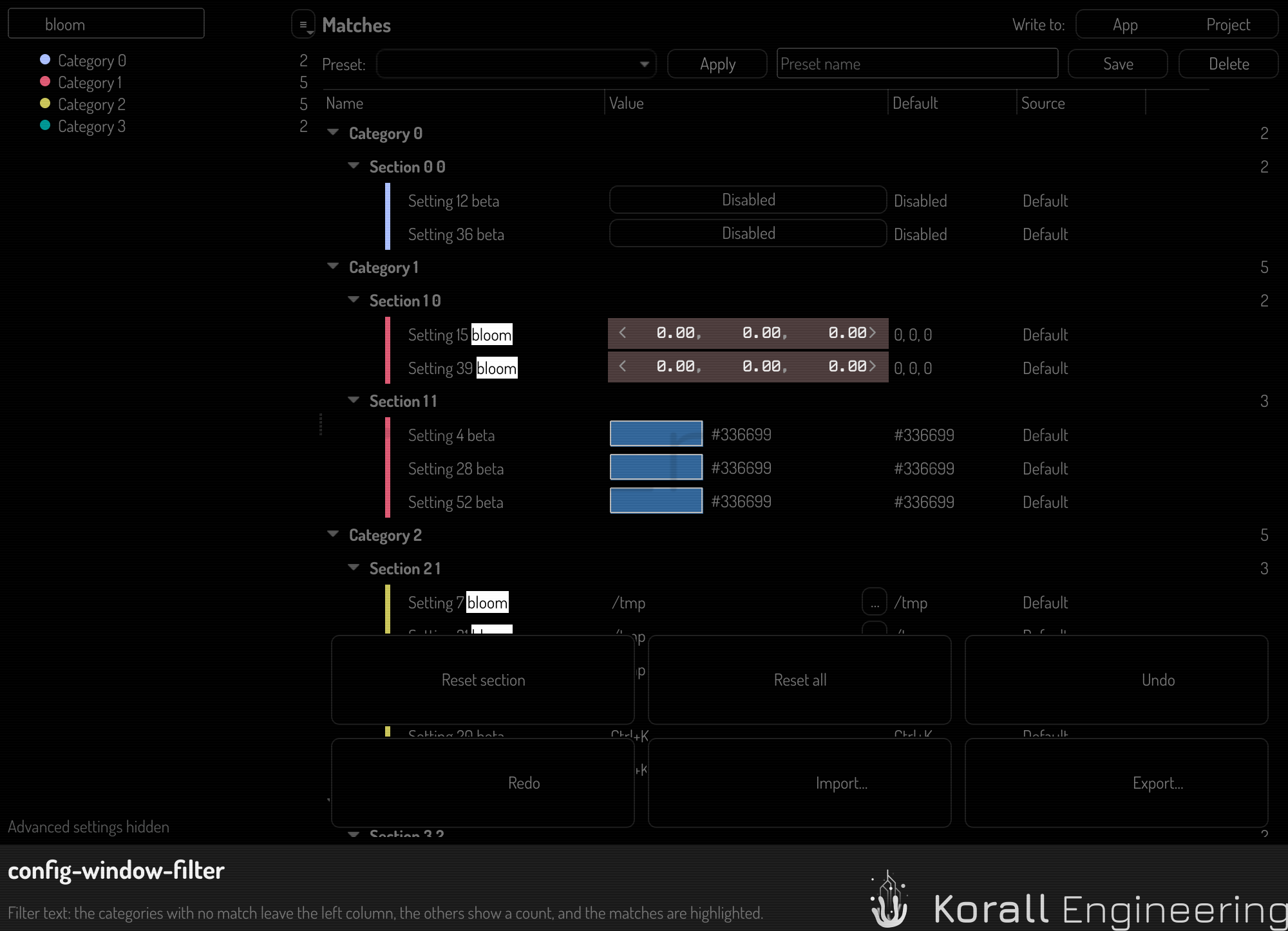 The filter culls the categories and highlights each match