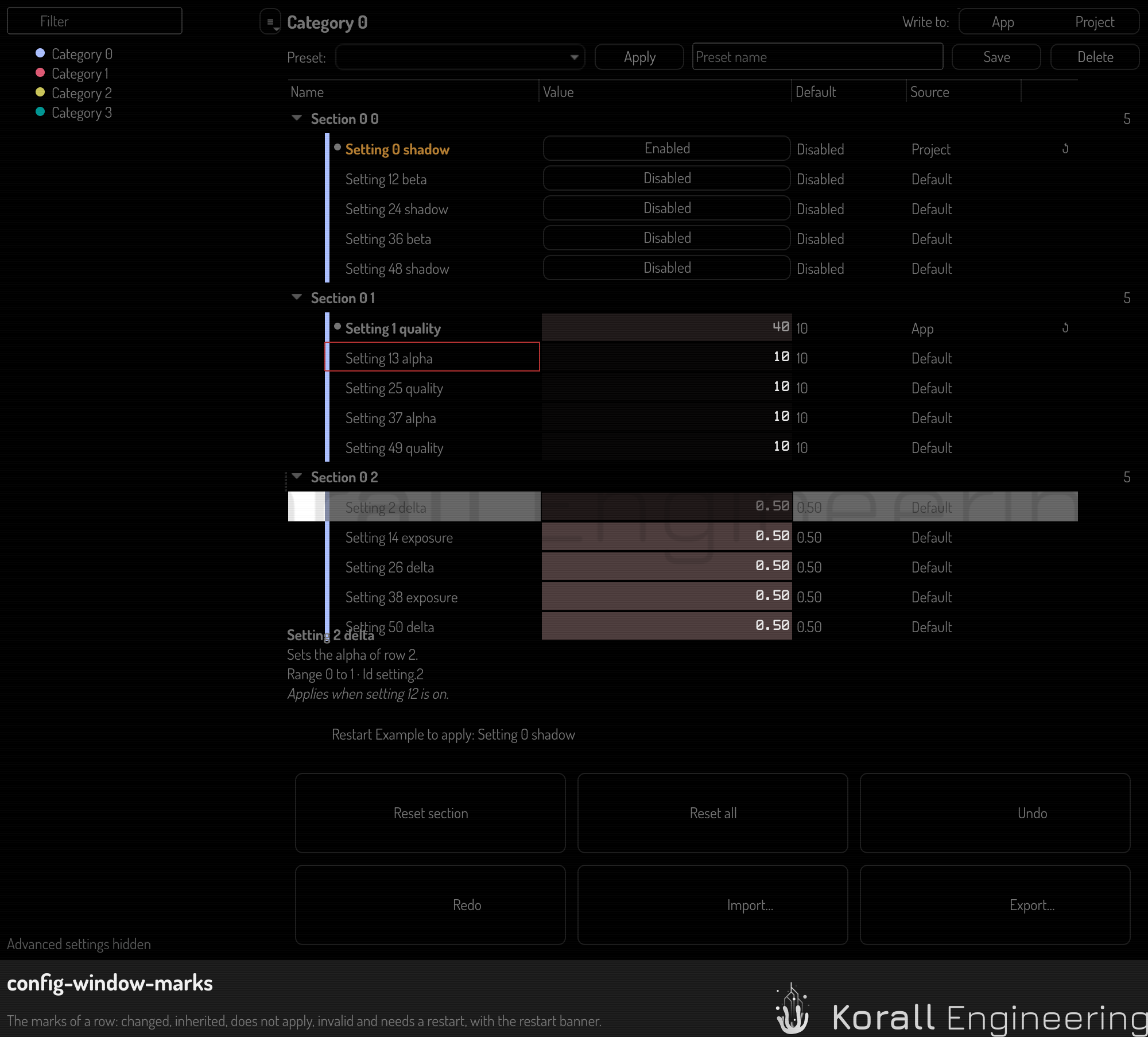 Changed, inherited, not applicable, invalid and restart rows, with the restart banner