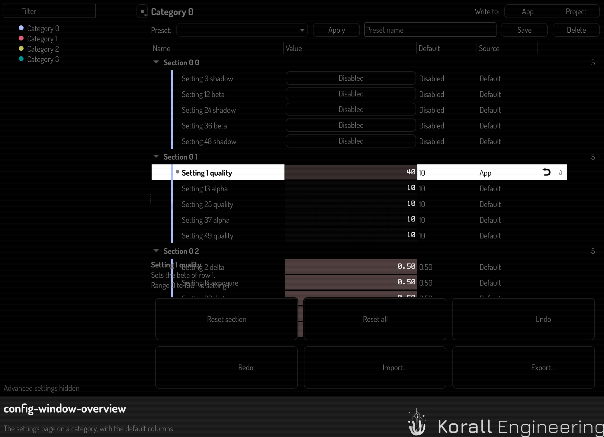 The settings page on one category, with the default columns