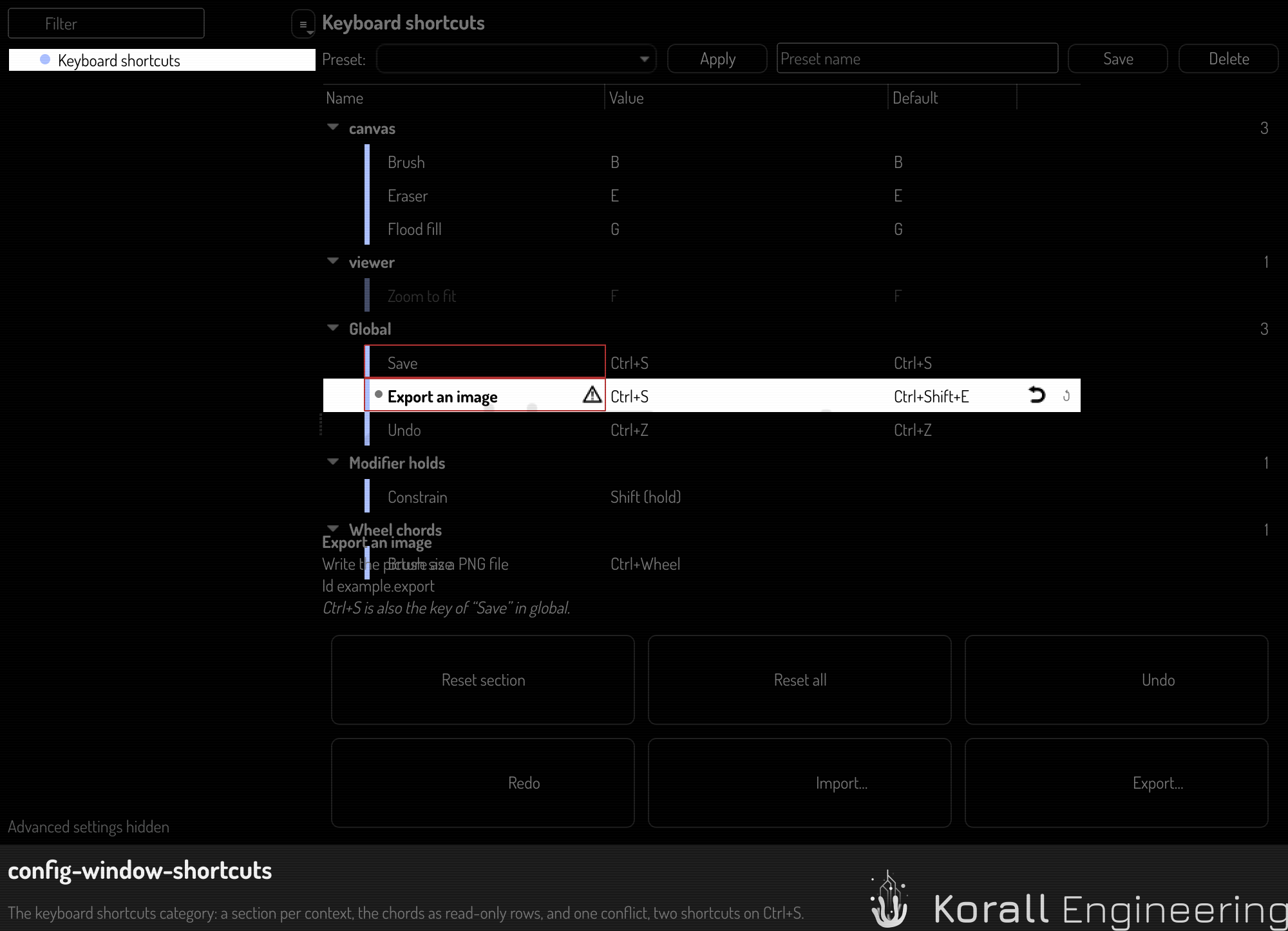 The keyboard shortcuts category with one conflict
