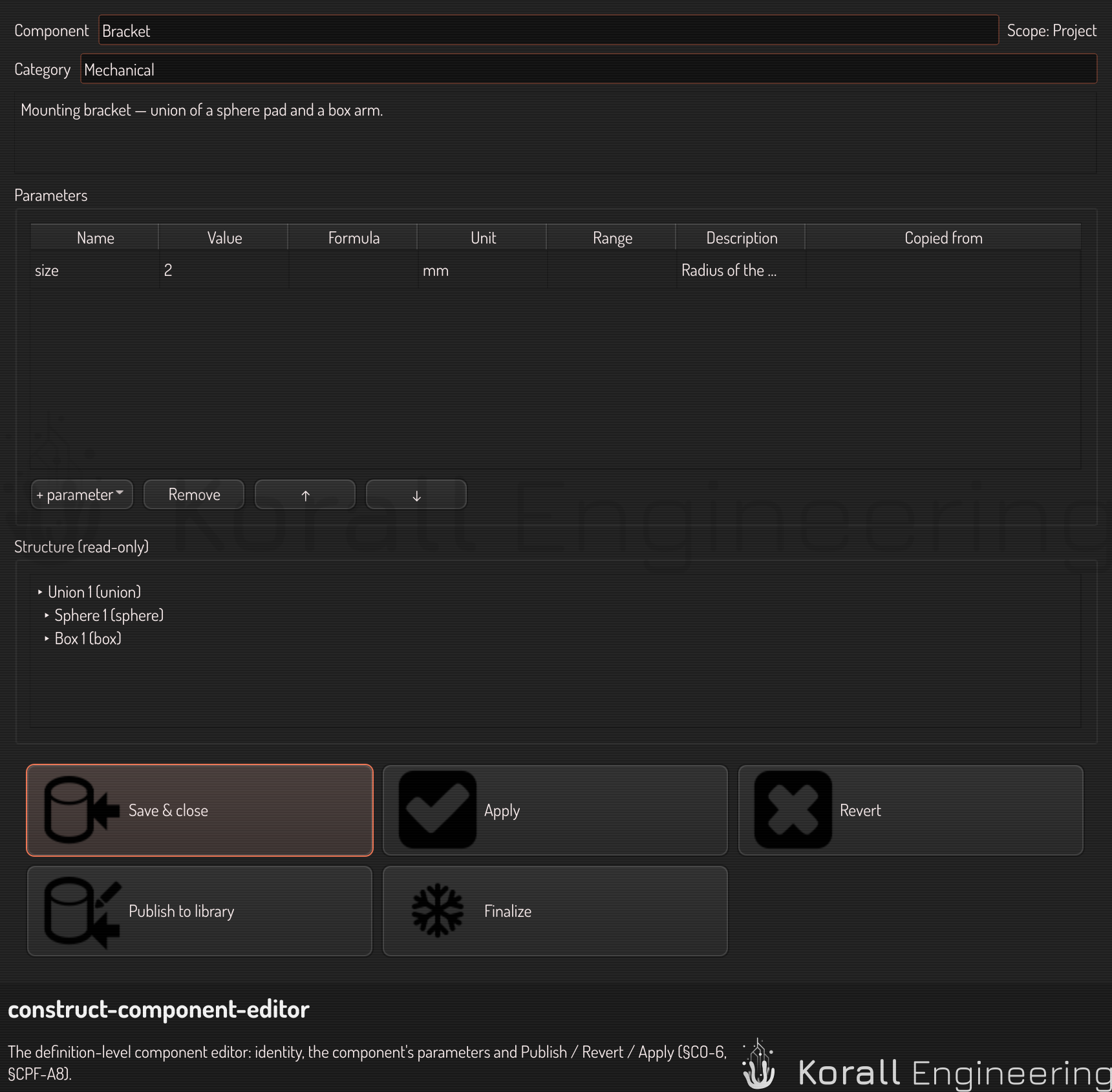 The component editor: identity, the Parameters table, and Publish, Revert, and Apply