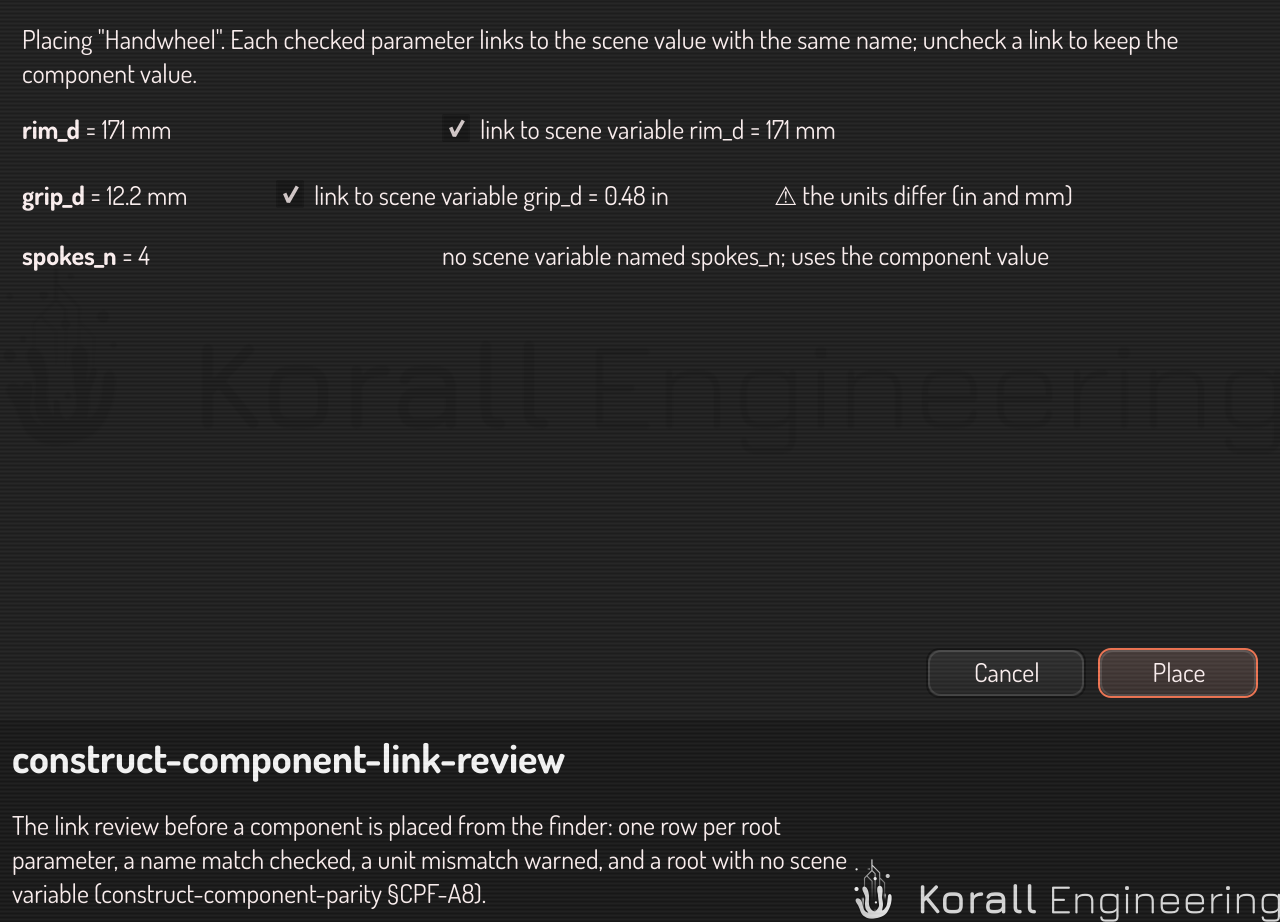 The link review: one row per component parameter, a name match checked, a unit mismatch warned