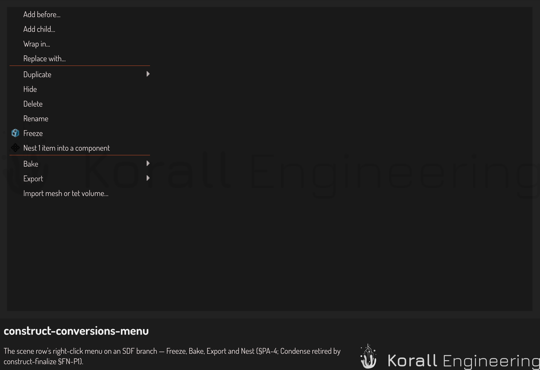 Bake and Export with their submenus on the branch's right-click menu