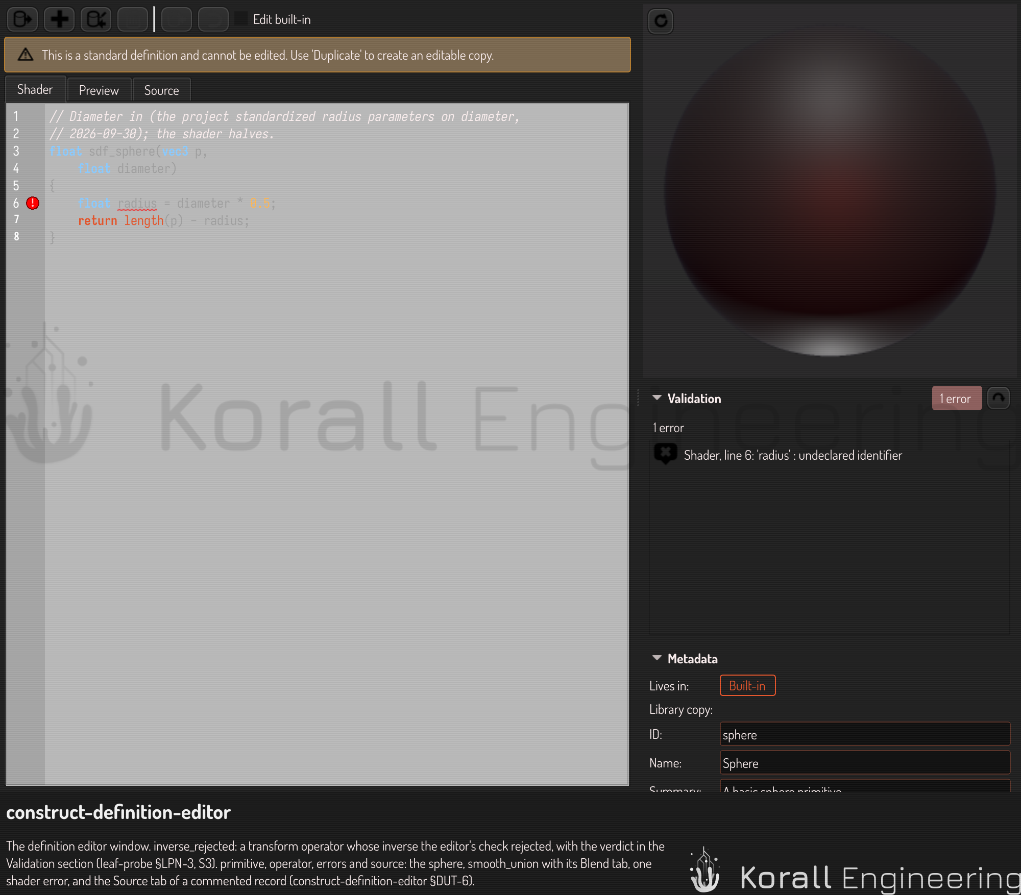 A shader with an error: the badge, the open section and the line
