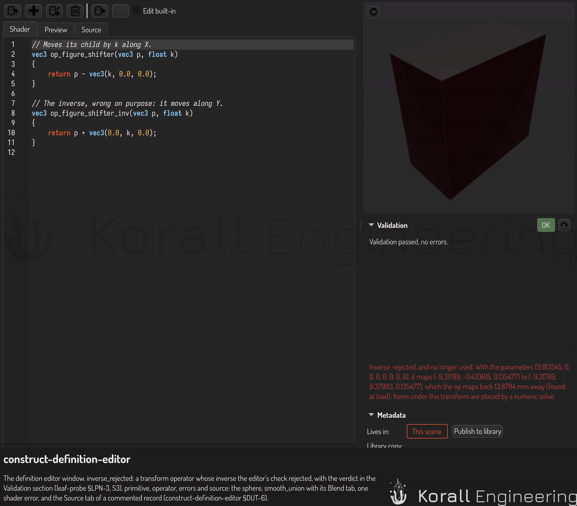 The definition editor's validation card with a rejected inverse