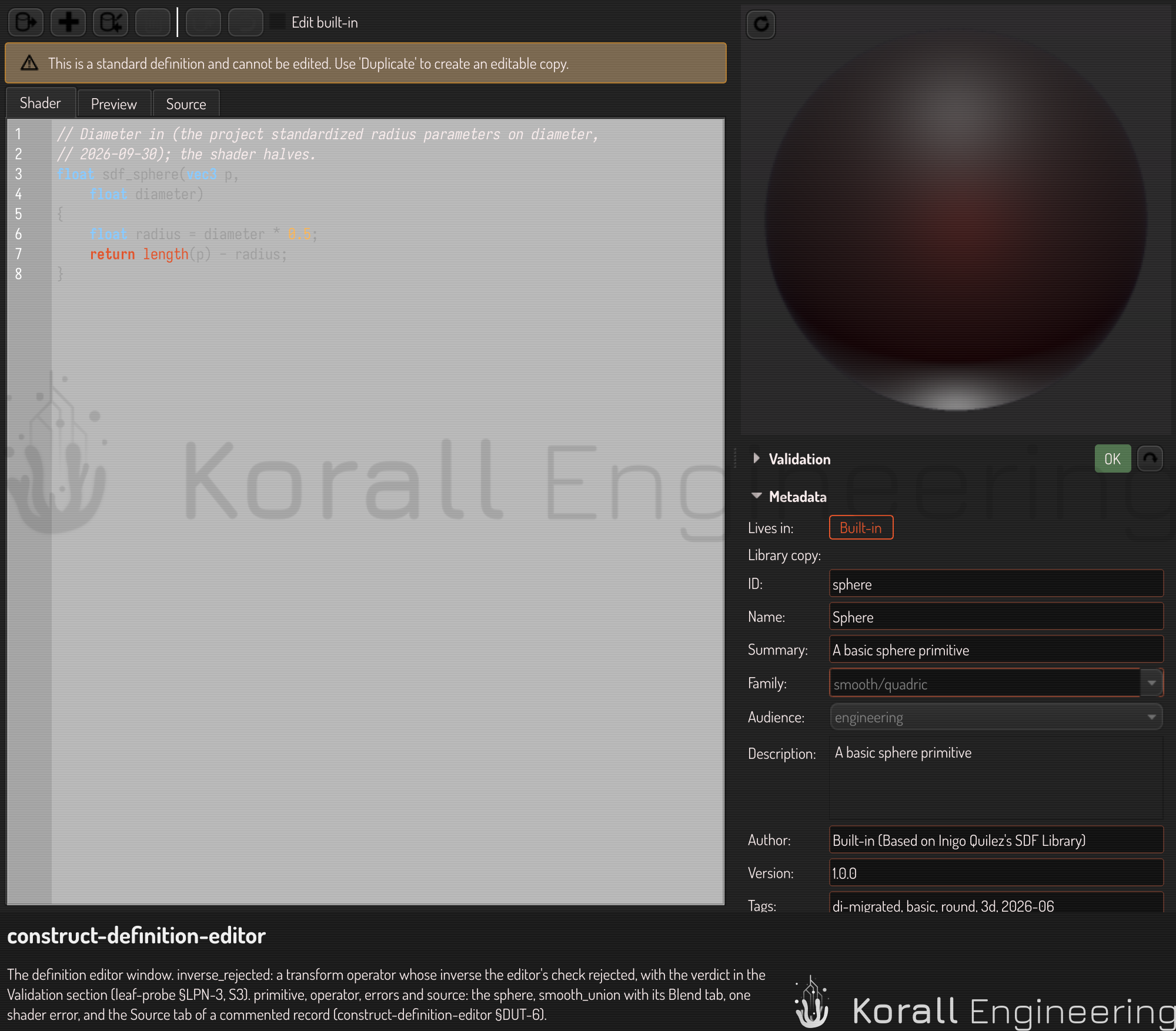 The definition editor on the sphere: the tabs on the left, the preview and the sections on the right