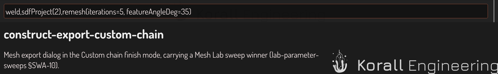 The export dialog carrying a sweep winner as a custom chain