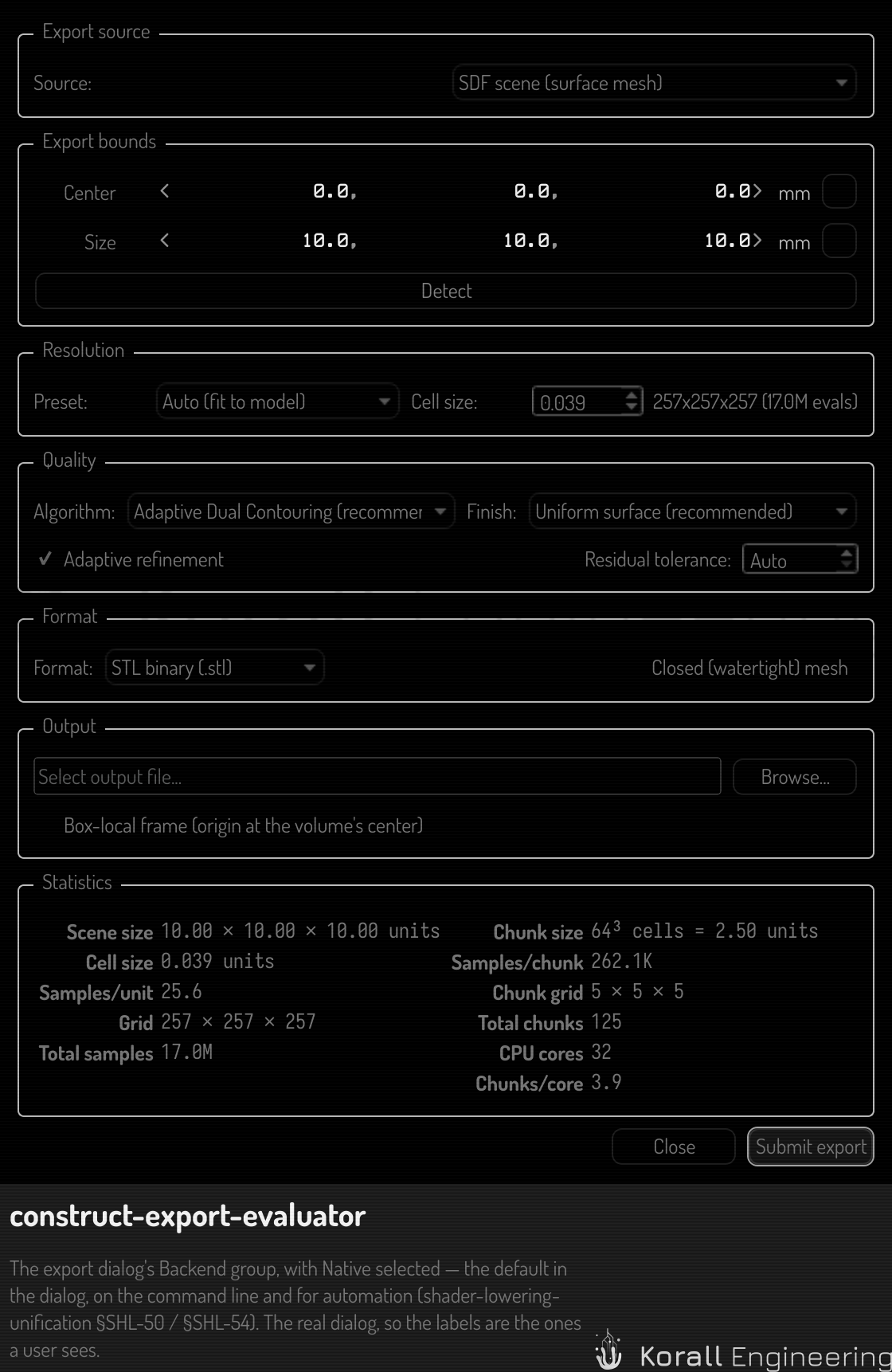 The export dialog's Backend group, with Native selected