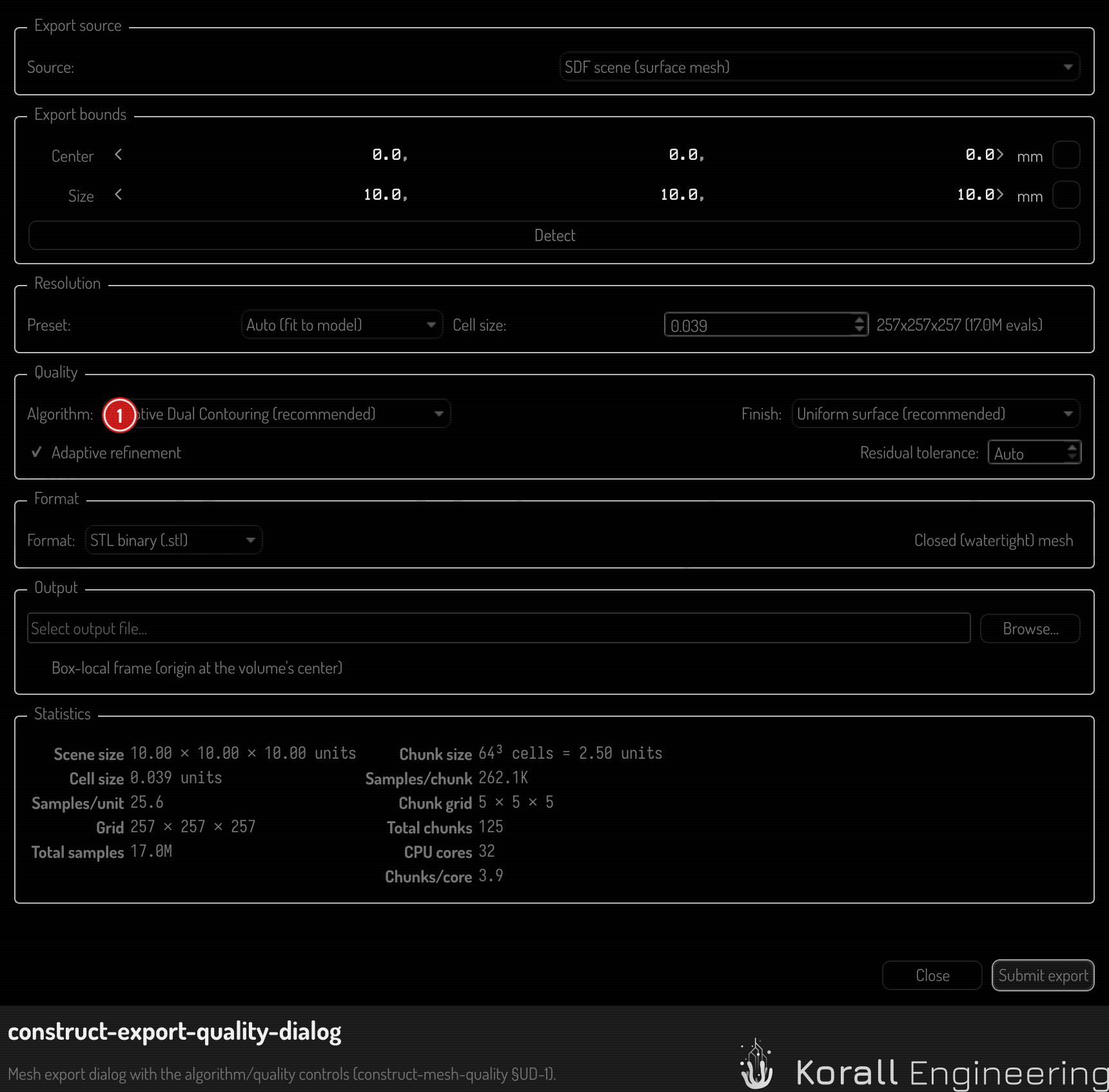 The export dialog's Quality group — algorithm choice and the optimize toggle