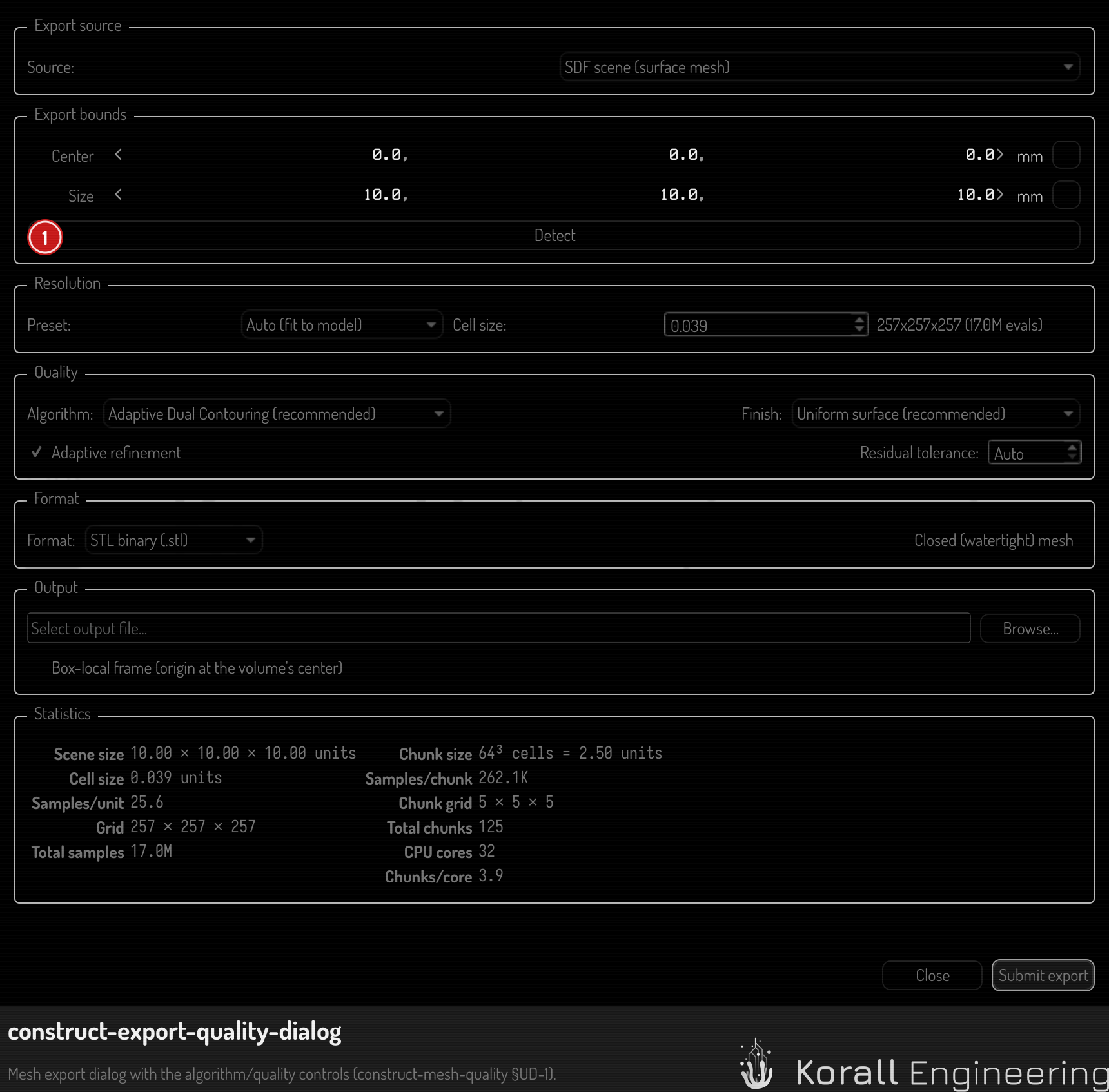The Export bounds group, with the Detect button beside it