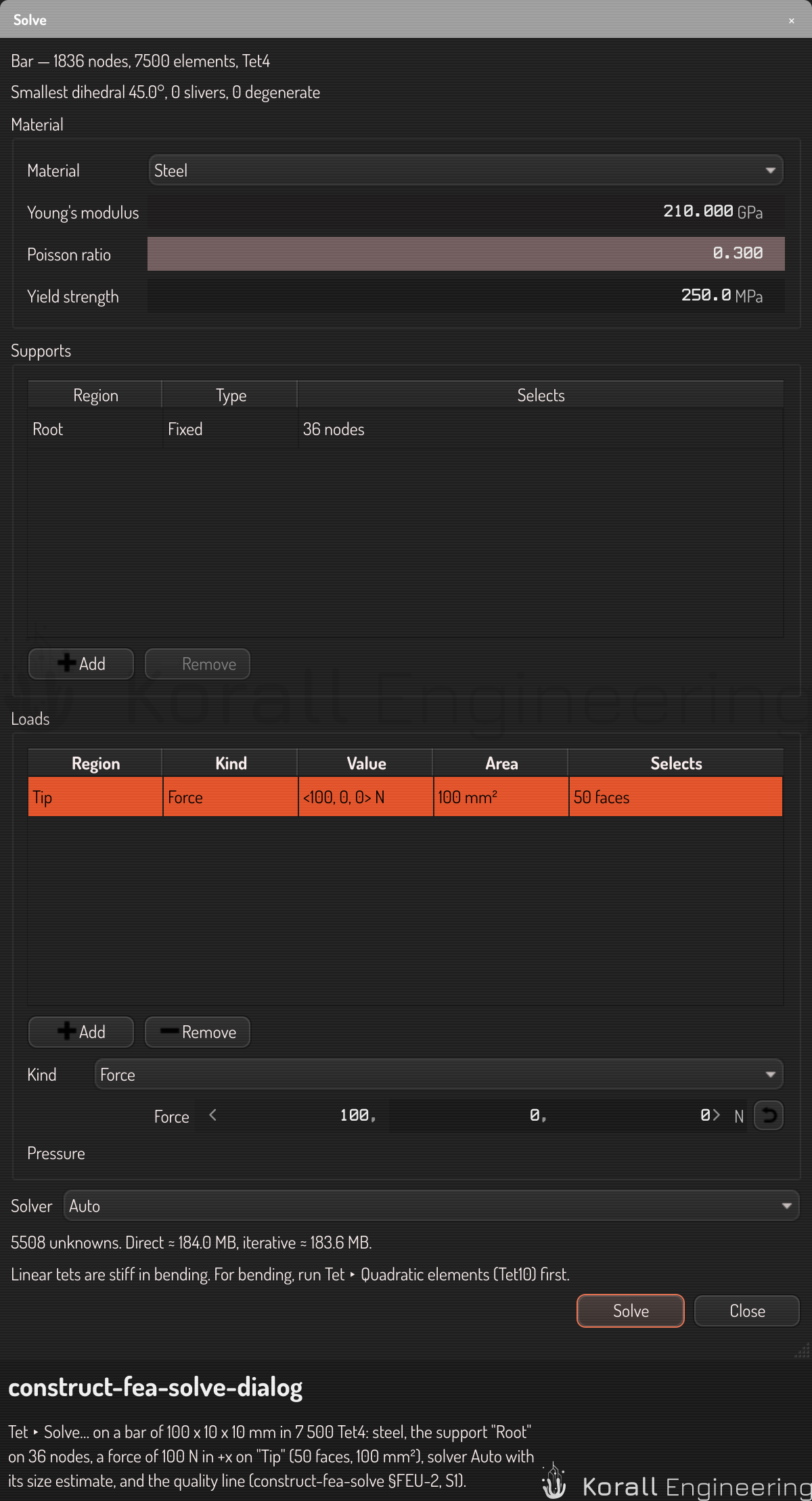 The Solve dialog on a bar, with steel, one support and one force