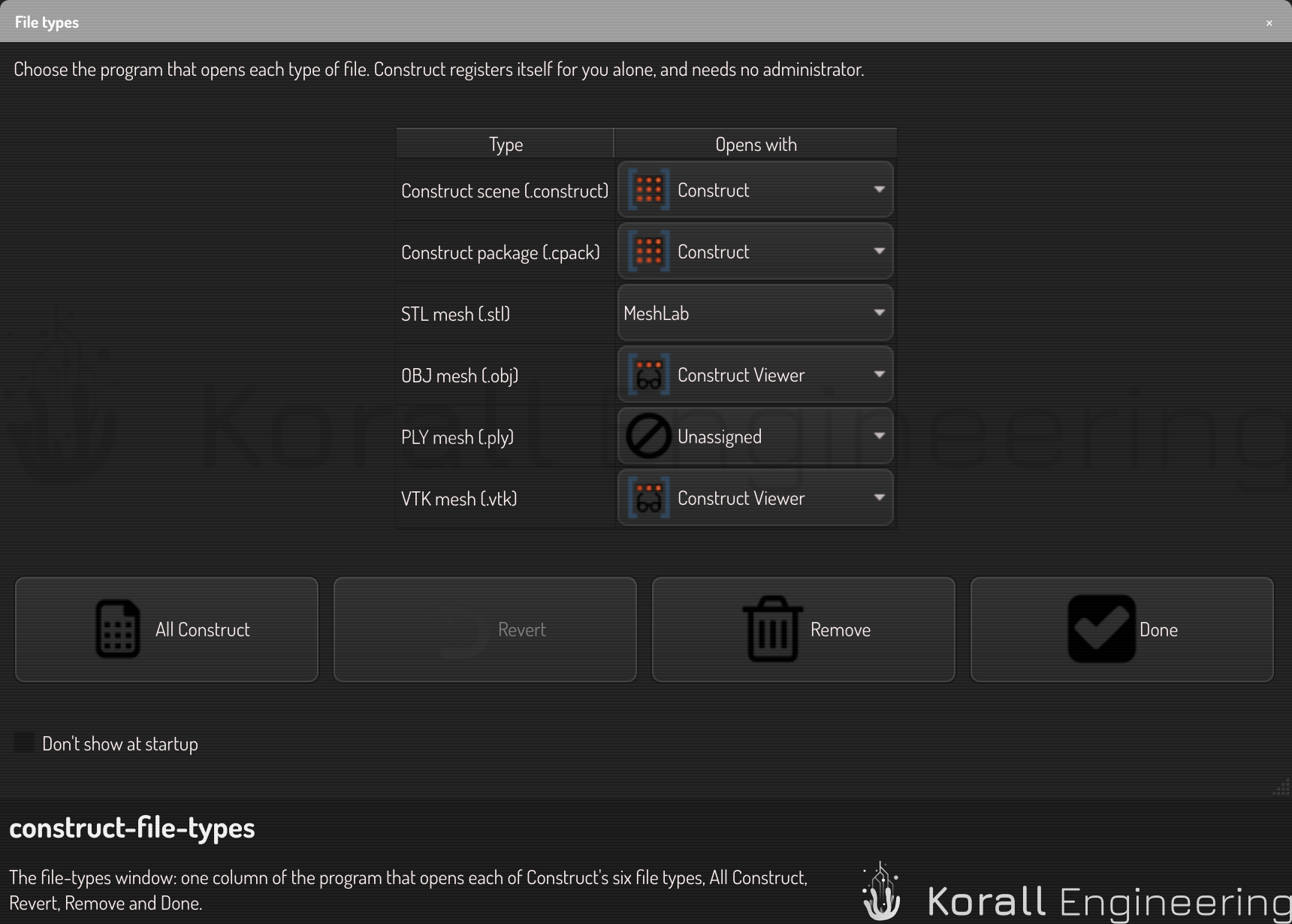The File types window with one row for each type