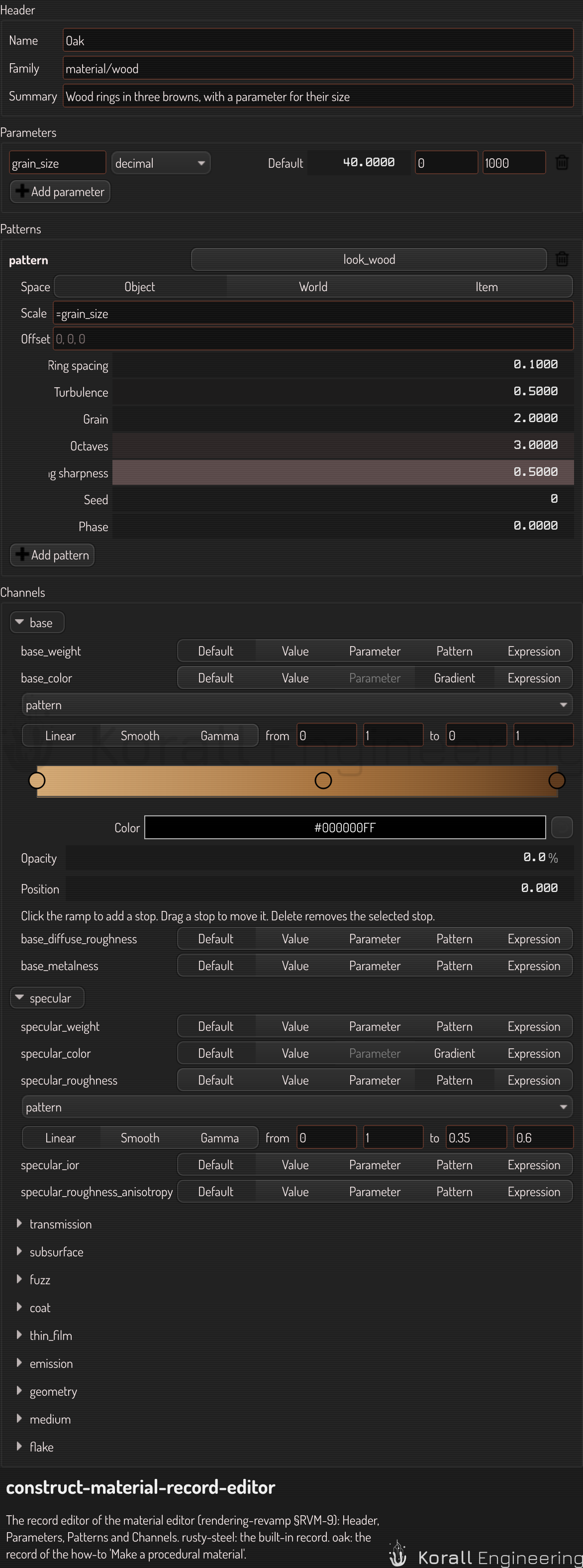 The record editor on oak: a parameter, a wood pattern, a gradient and a remap