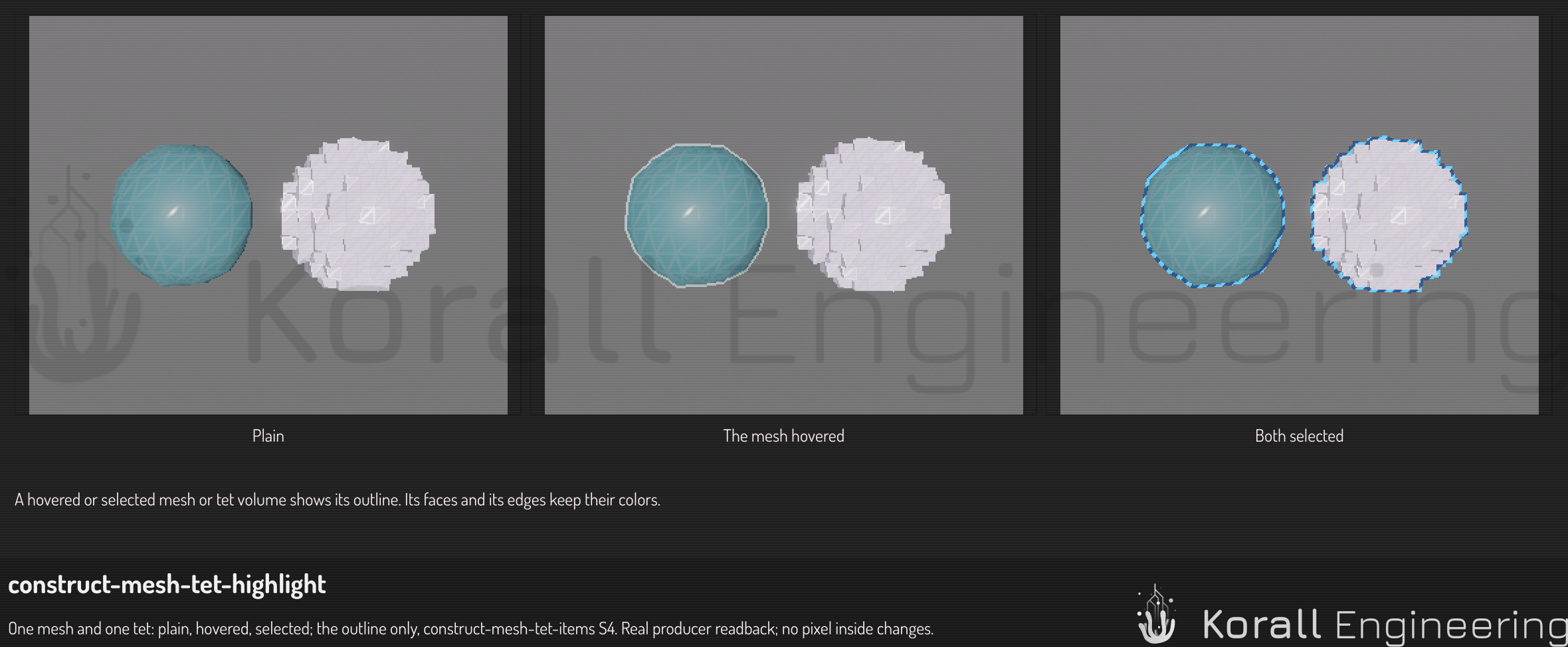 A mesh and a tet volume: plain, the mesh hovered, both selected