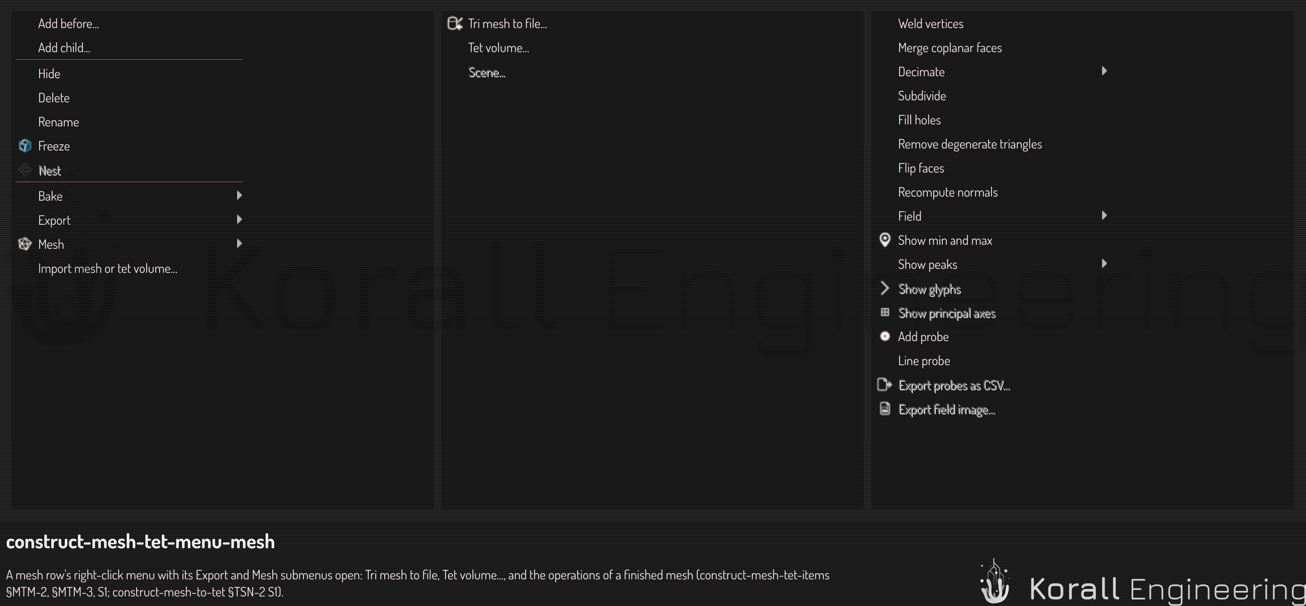 A mesh row's menu with Export open: Tri mesh to file, and Tet volume...