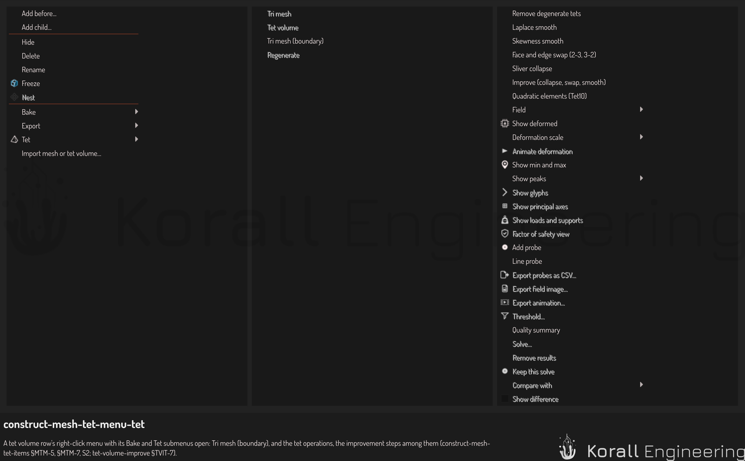 A tet volume row's menu with the Bake and Tet submenus open