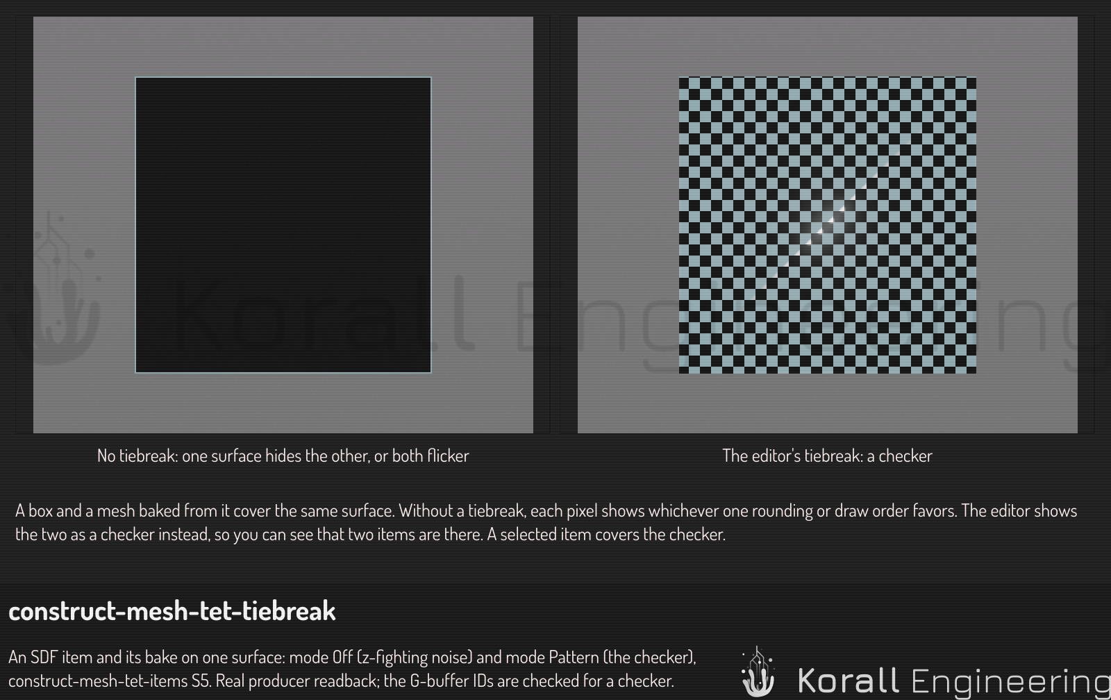 An SDF item and its bake on one surface: without a tiebreak, and with the editor's checker