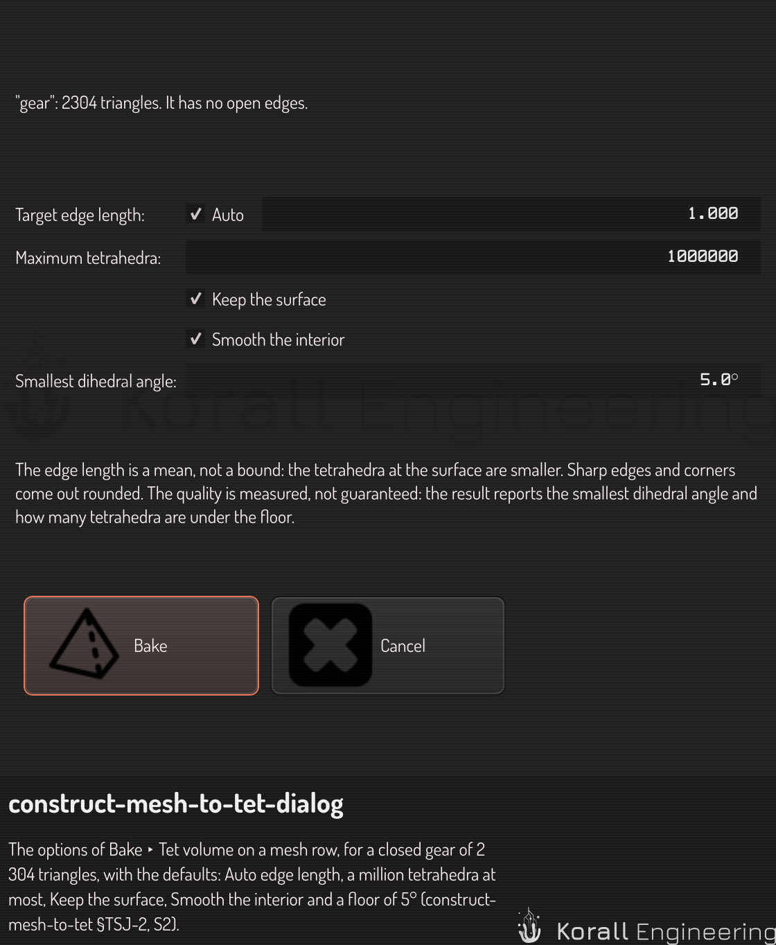 The options of a mesh to tet volume, for a gear