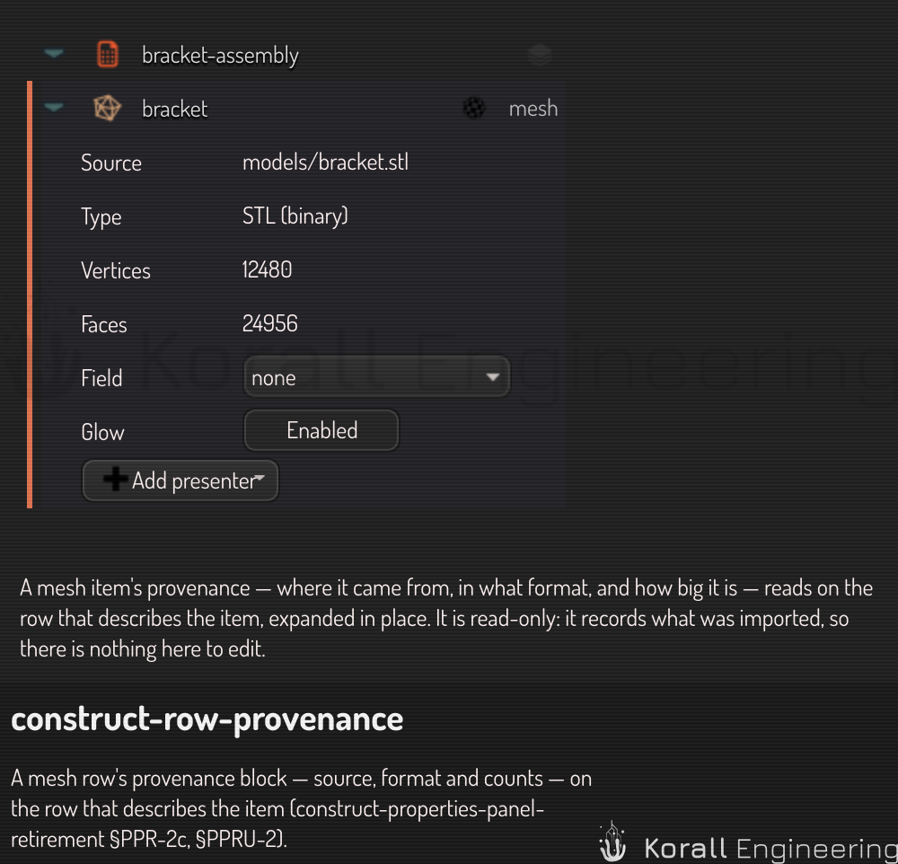 A mesh row expanded to show its source, format and counts