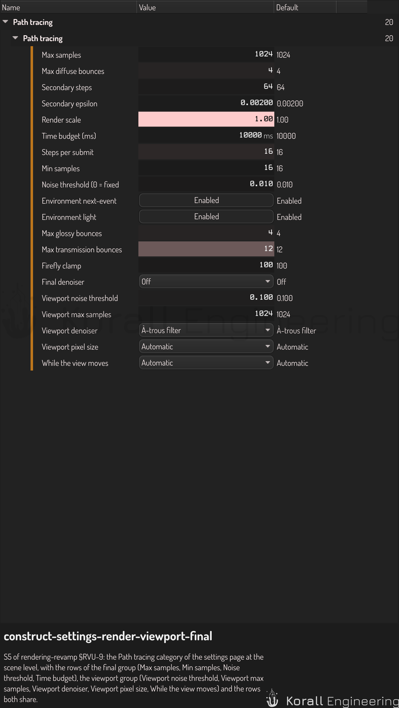 The Path tracing category of the settings page, with the viewport and the final rows
