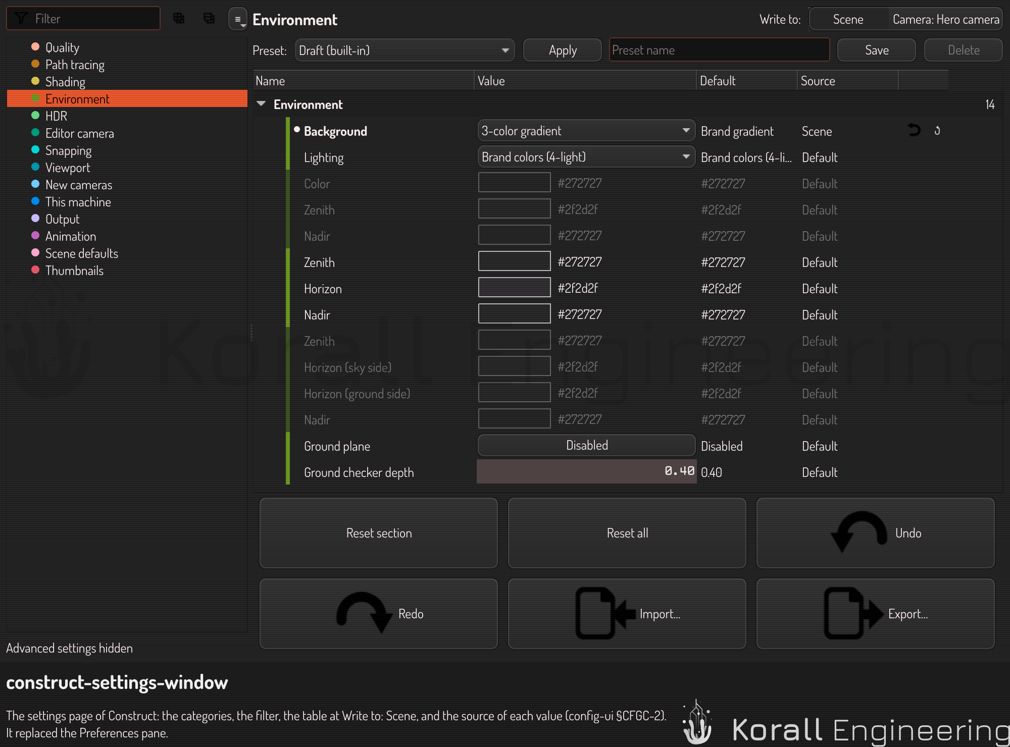 The settings page on the construct settings, with Write to and the Source column