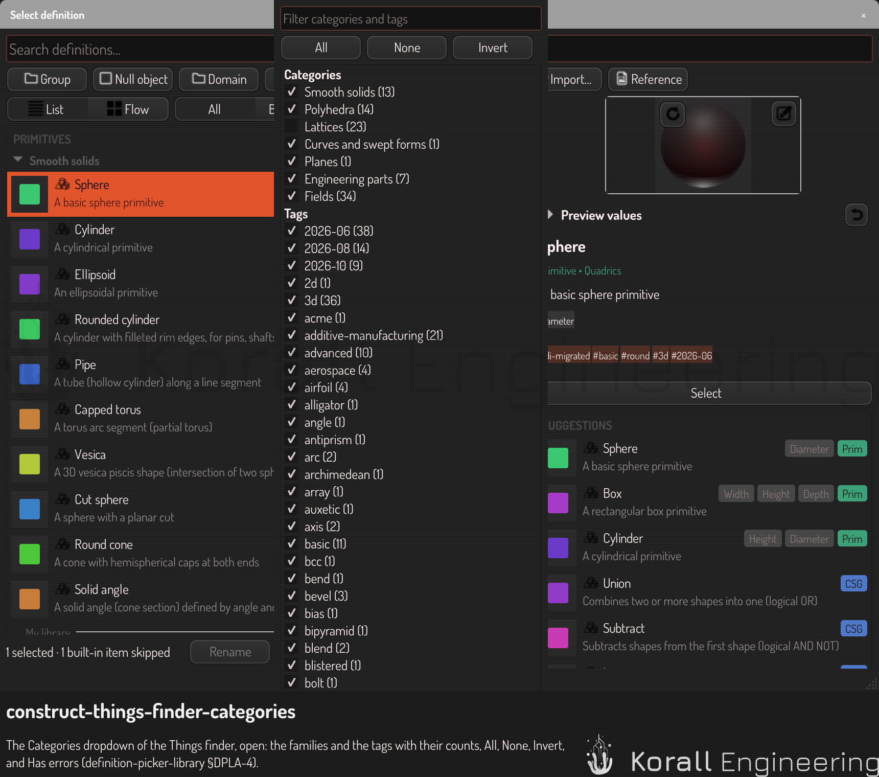 The Categories list, open, with the counts and Has errors