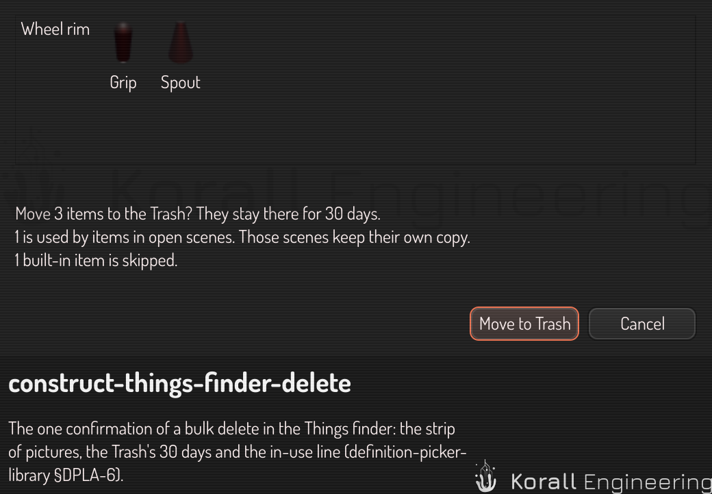 The confirmation of a delete, with the pictures and the in-use line