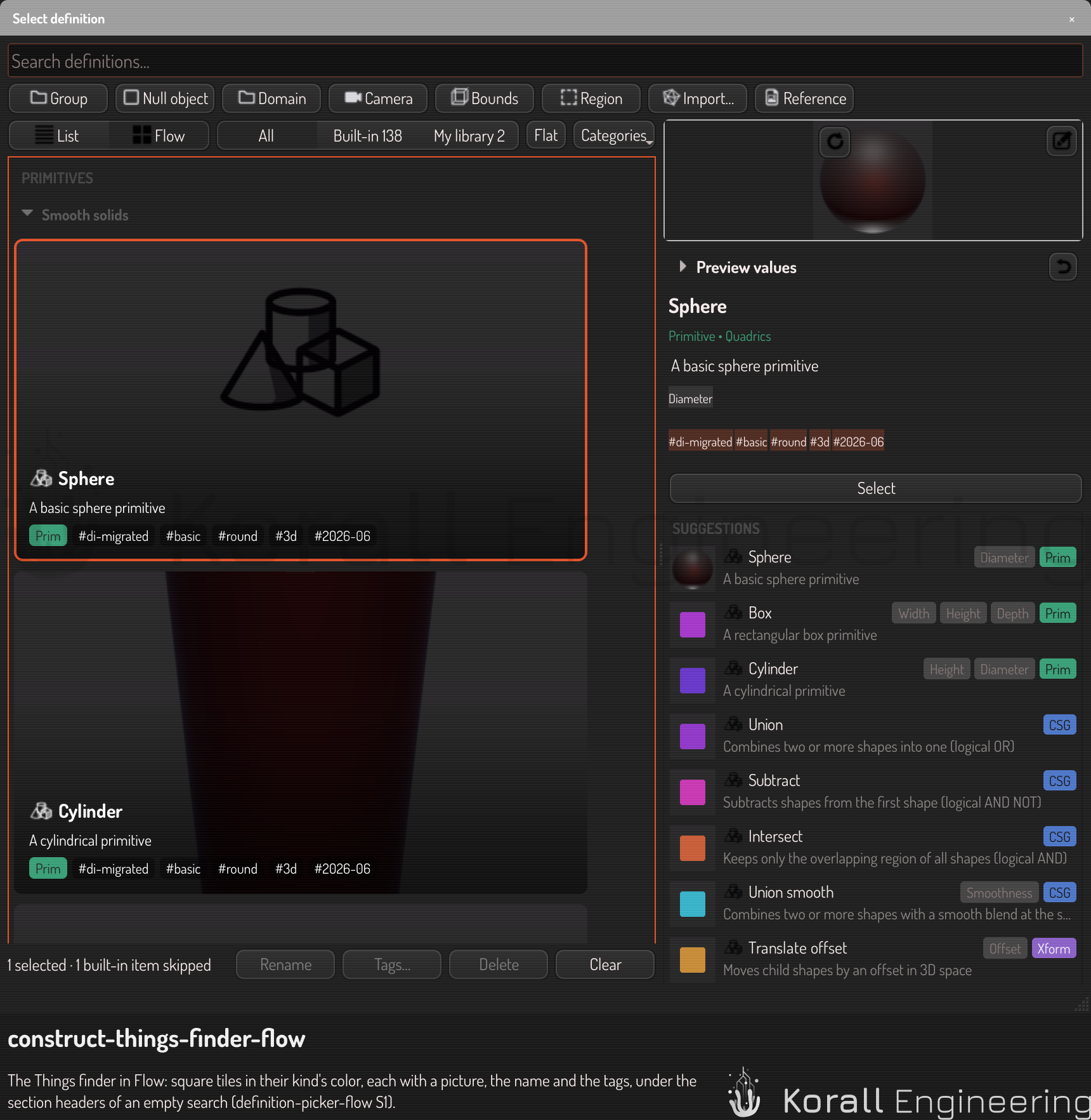 The Things finder in Flow, with the sections of an empty search