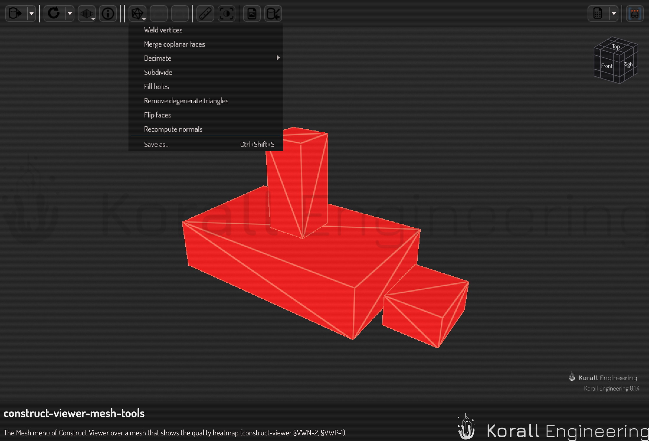 The Mesh menu over a mesh that shows the quality heatmap