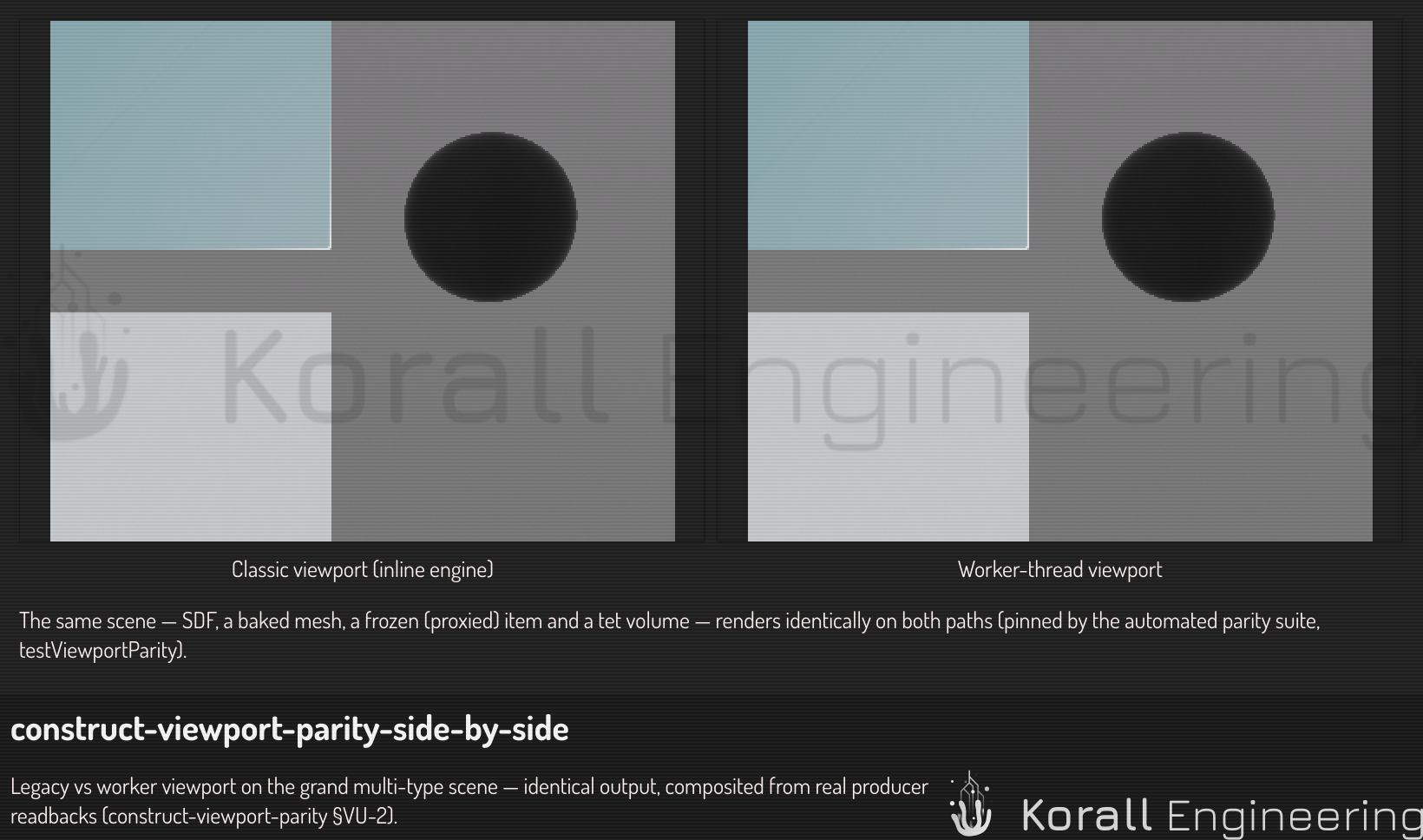 Legacy vs worker viewport — identical output on a scene with SDF, mesh, frozen and tet content