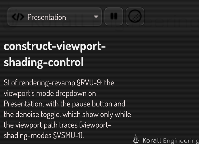 The mode list of the viewport toolbar on Presentation, with the pause and denoise buttons
