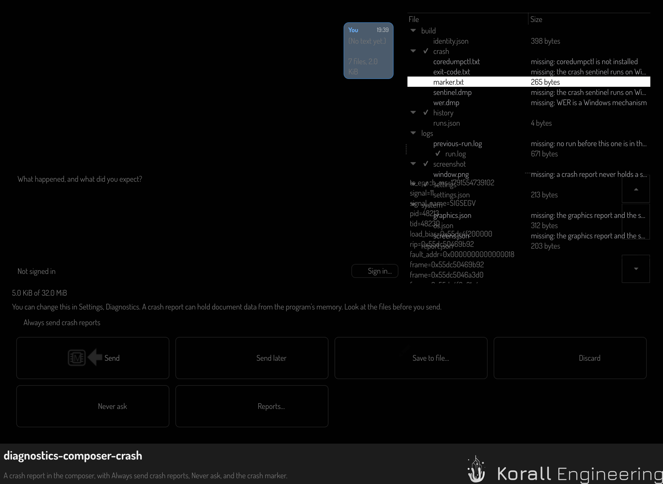 A crash report in the composer, with Always send crash reports and Never ask