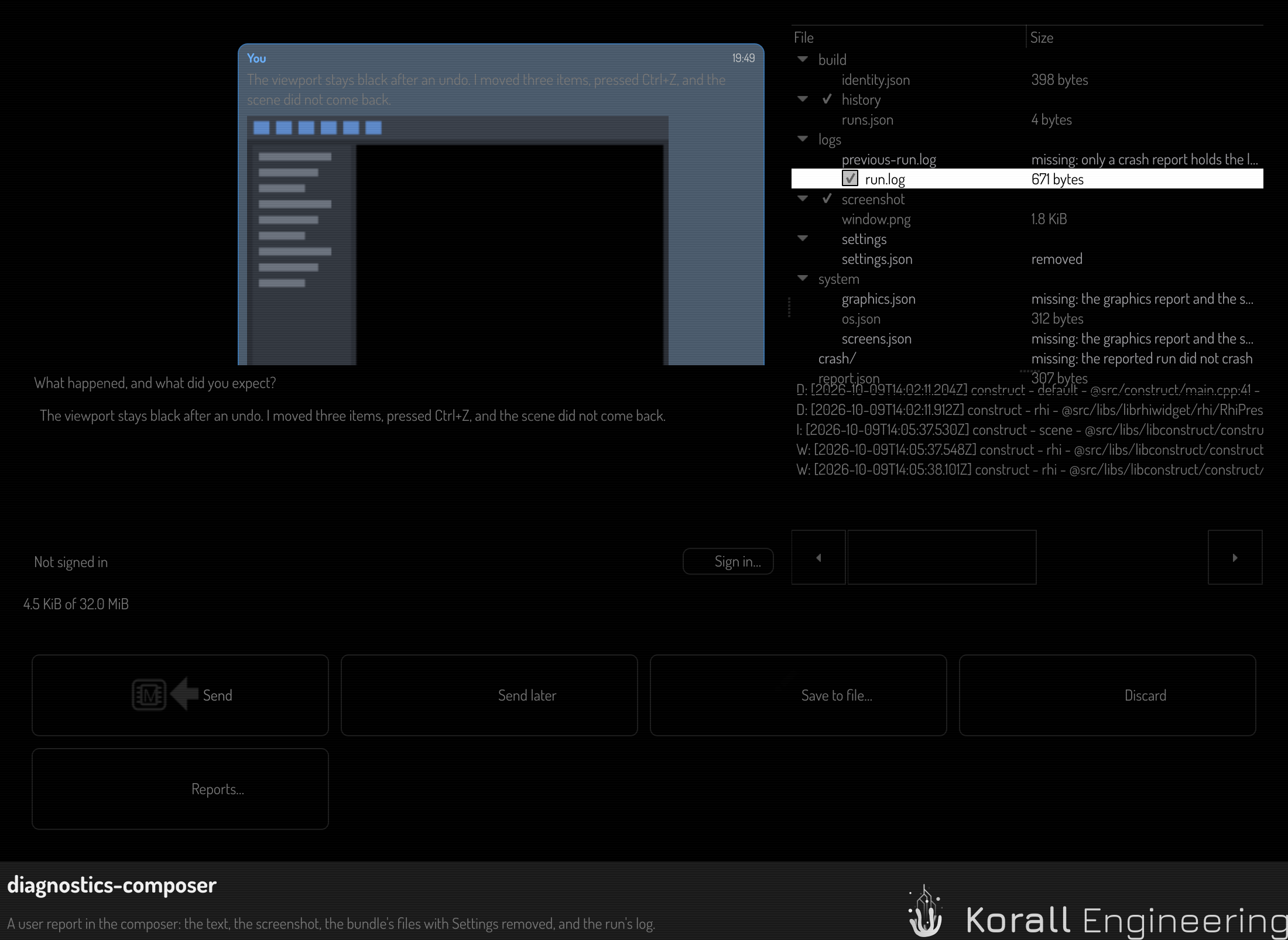 A user report in the composer: the text, the screenshot, the files with Settings removed, and the run's log