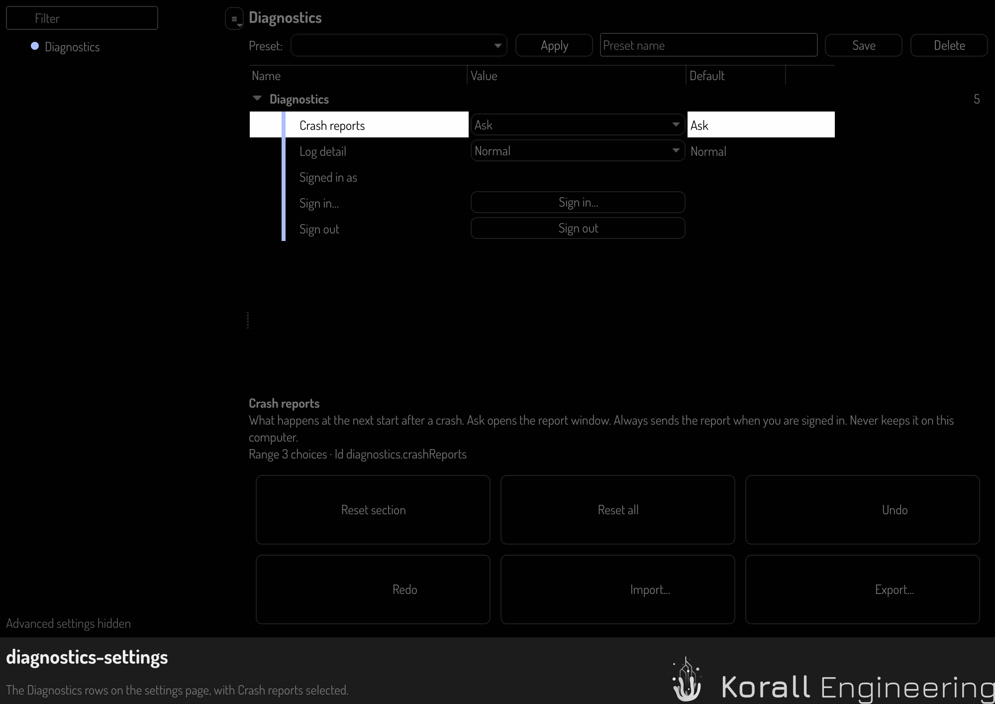The Diagnostics rows on the settings page, with Crash reports selected
