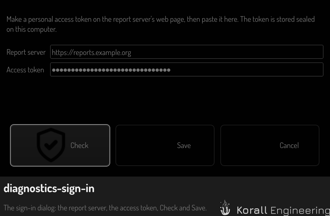 The sign-in dialog: the report server, the access token, Check and Save