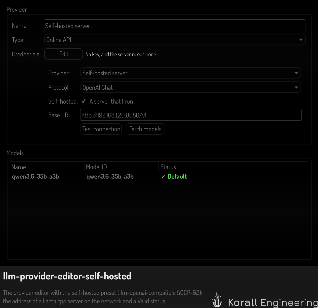 The provider editor with the self-hosted preset