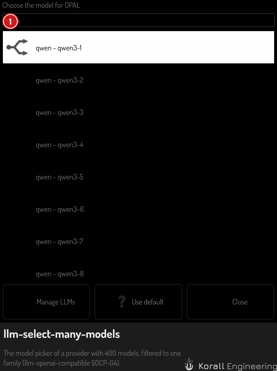 The model picker, filtered to one family of models