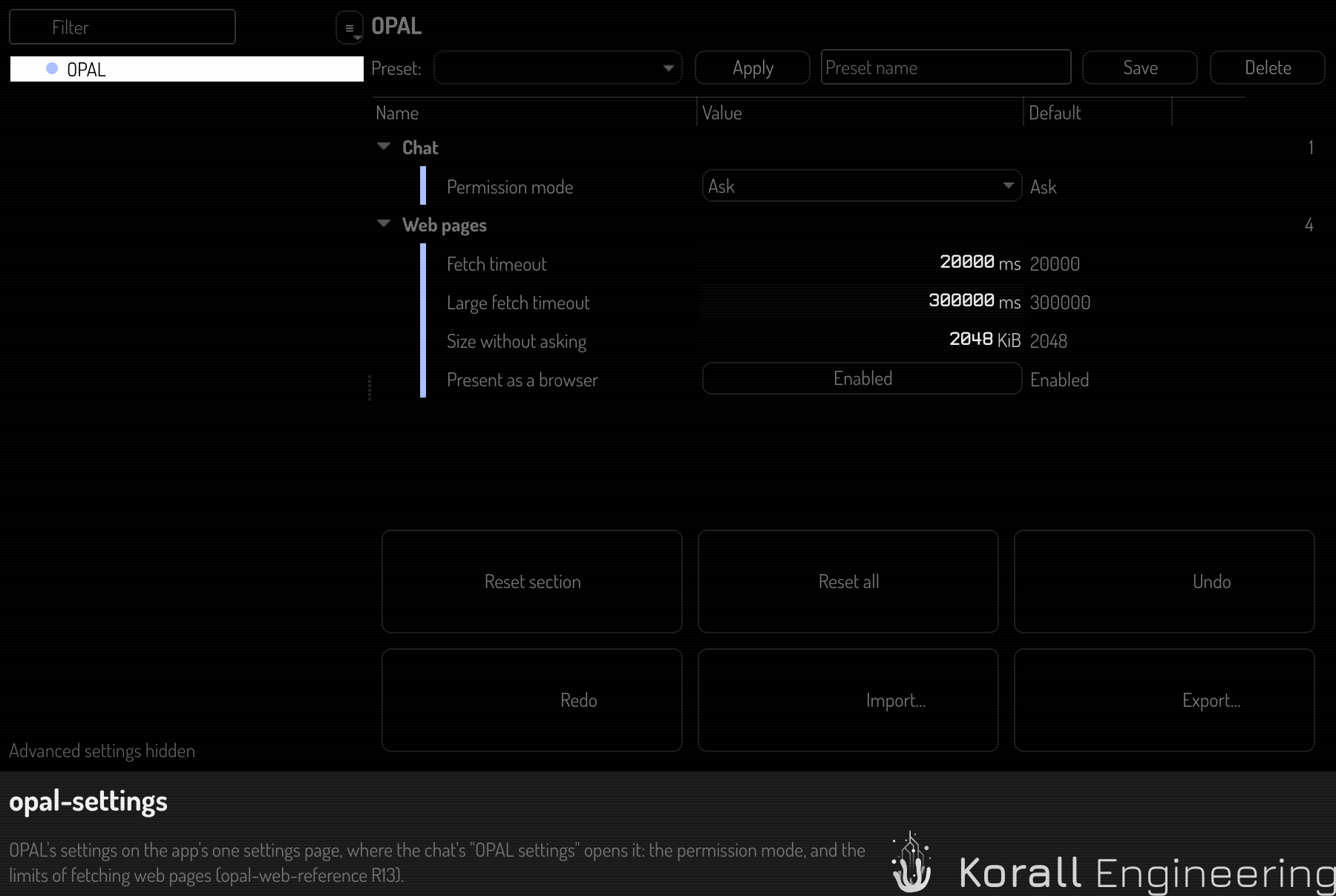 The OPAL section of the settings page: the permission mode, and the limits of fetching web pages