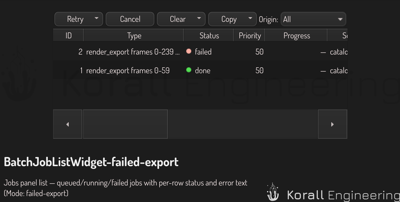 Jobs panel with a failed export