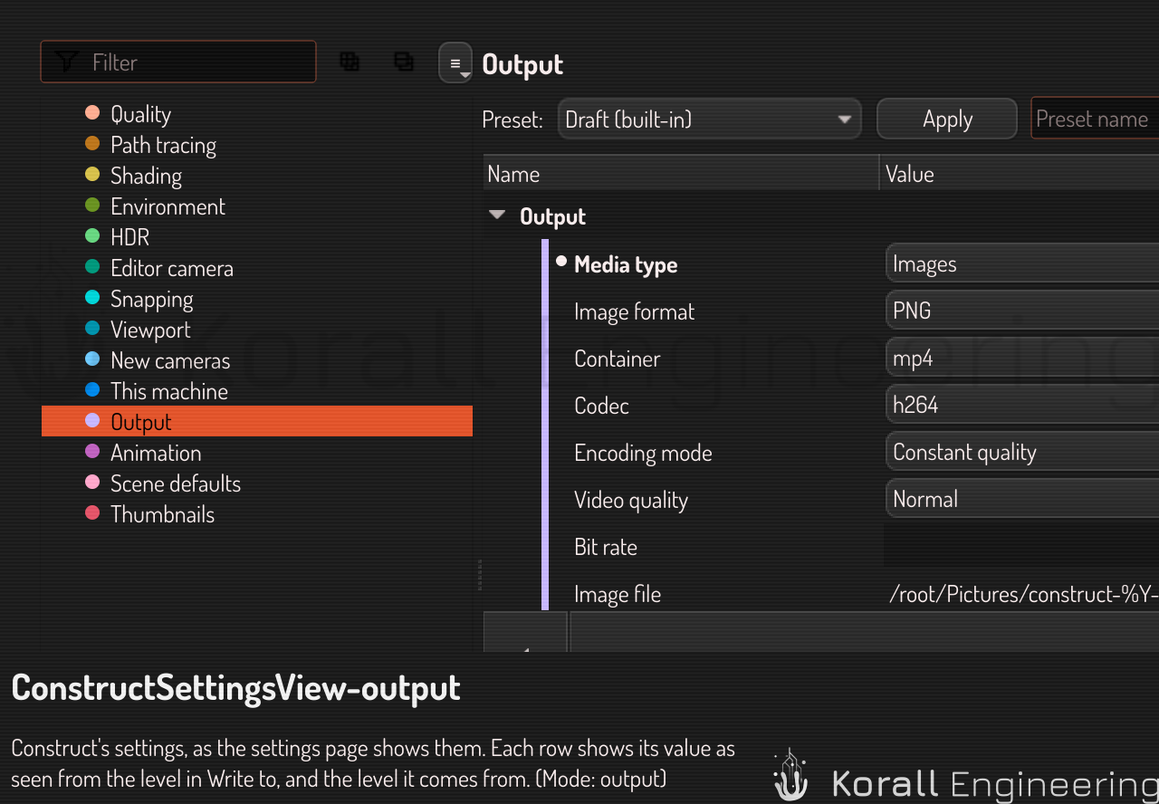 The Output rows on the settings page