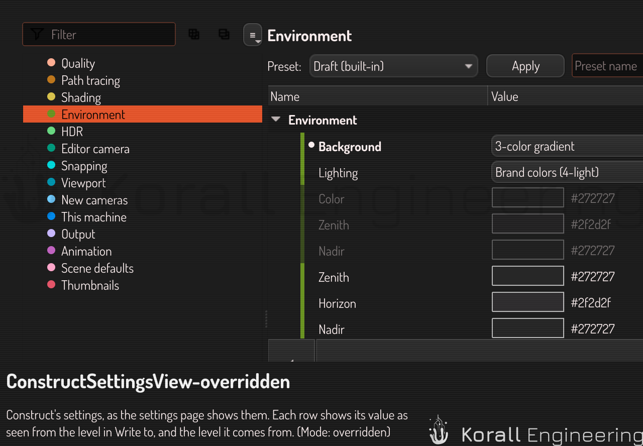 ConstructSettingsView in overridden mode